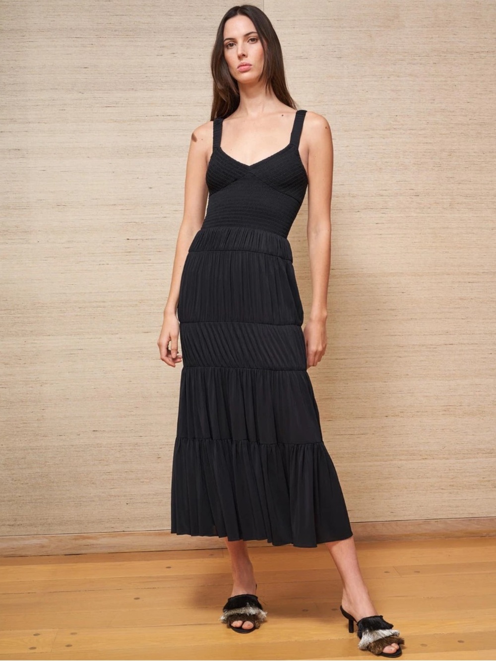 La Ligne Mary Alice Black Smocked Tiered Maxi Dress